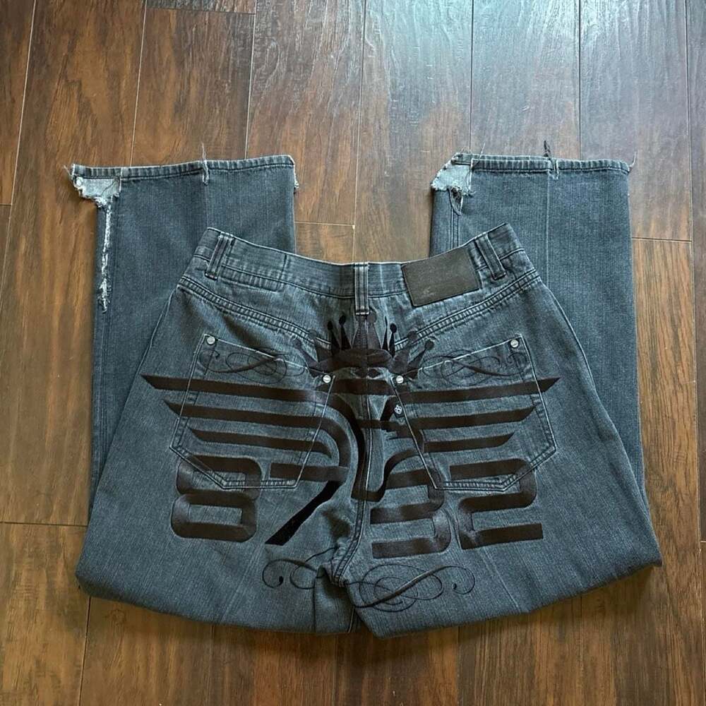 Eight 732 Vintage Y2K Black Denim Jeans With Large Crown Graphic Embroidery